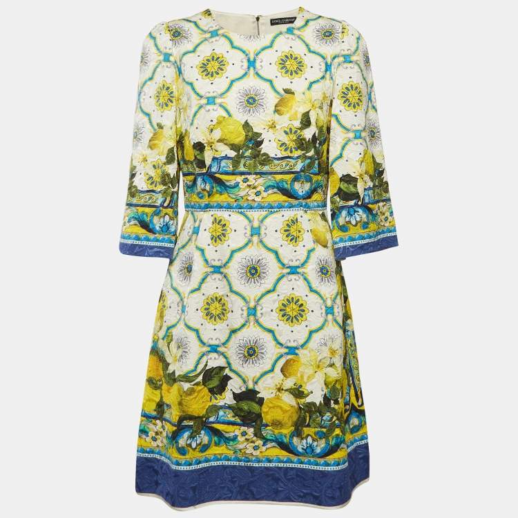 Pre Owned Dolce & Gabbana White Lemon & Majolica Jacquard Short Dress M