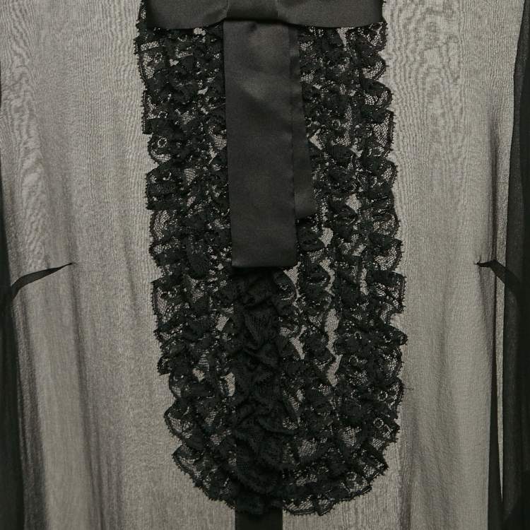 Pre Owned Dolce & Gabbana Black Sheer Silk Lace Trim Button Front Top M