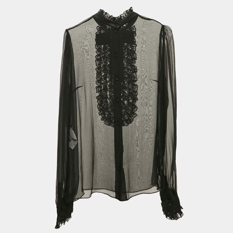 Pre Owned Dolce & Gabbana Black Sheer Silk Lace Trim Button Front Top M