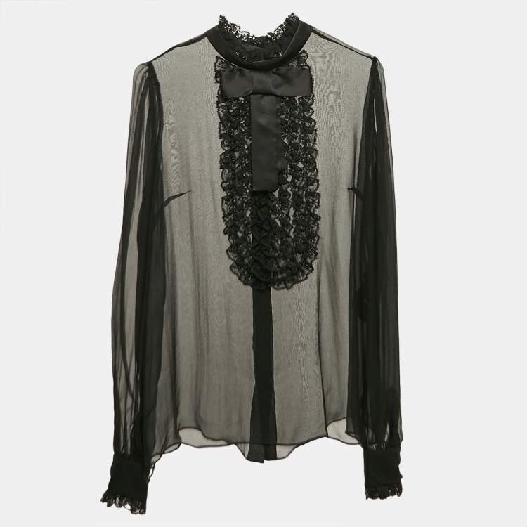 Pre Owned Dolce & Gabbana Black Sheer Silk Lace Trim Button Front Top M