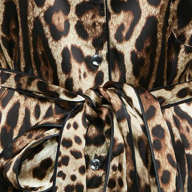 مملوكة مسبقًا Dolce & Gabbana Brown Leopard Print Stretch Silk Belted Shirt XL