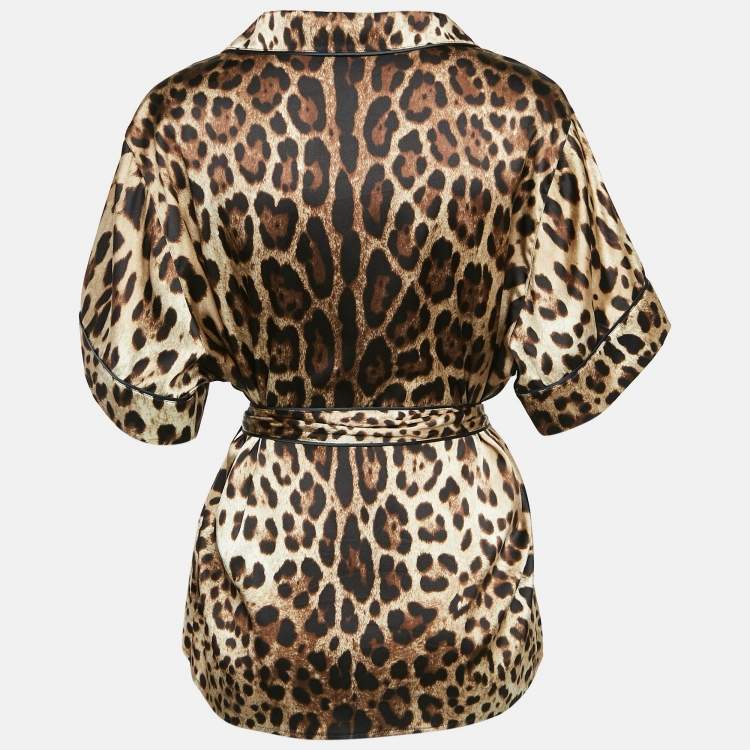مملوكة مسبقًا Dolce & Gabbana Brown Leopard Print Stretch Silk Belted Shirt XL