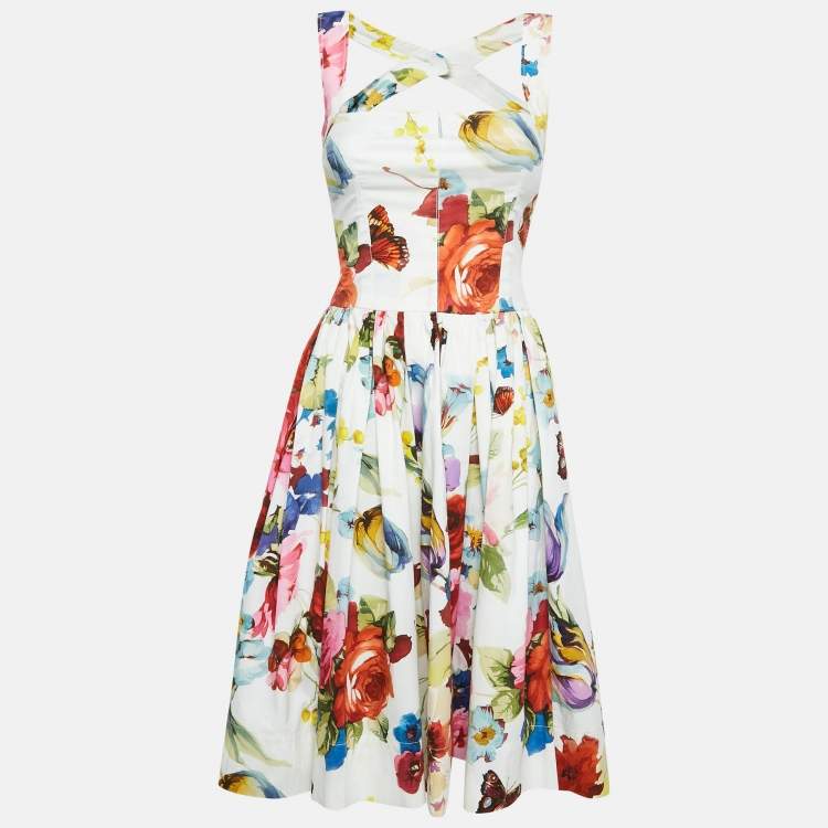 Pre Owned Dolce & Gabbana Multicolor Floral Print Cotton Pleated Short Dress S