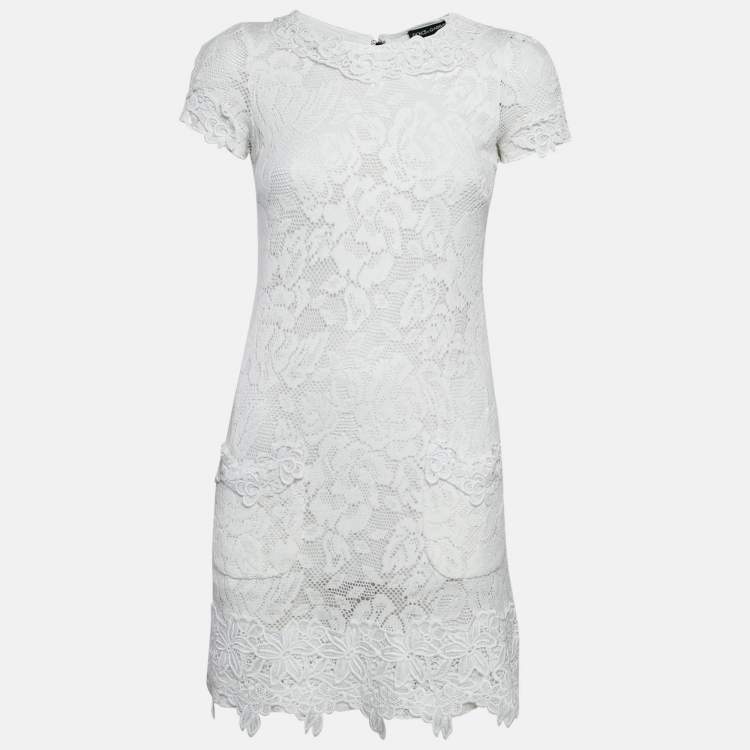 Pre Owned Dolce & Gabbana White Floral Lace Applique Trim Detail Mini Dress S