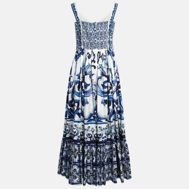 Pre Owned Dolce & Gabbana White Printed Cotton Sleeveless Midi Dress L