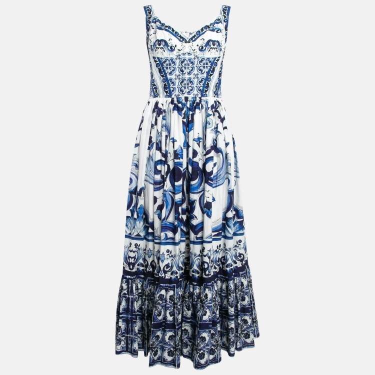 Pre Owned Dolce & Gabbana White Printed Cotton Sleeveless Midi Dress L