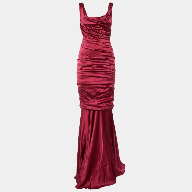 Pre Owned Dolce & Gabbana Burgundy Silk Ruched Special Edition Gown M 