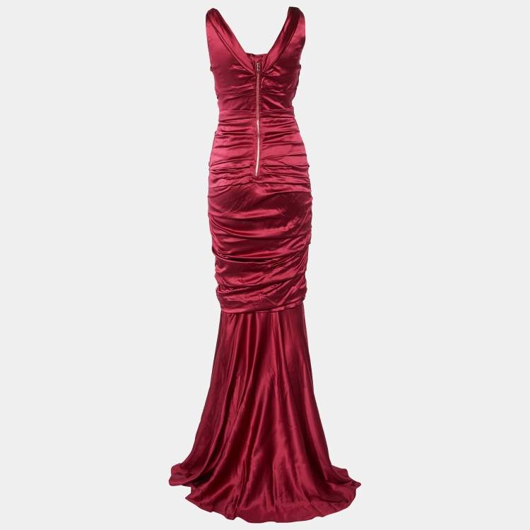 Pre Owned Dolce & Gabbana Burgundy Silk Ruched Special Edition Gown M 