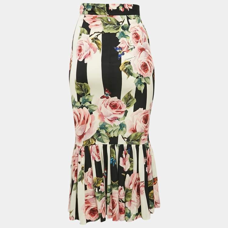 Pre Owned Dolce & Gabbana Pink/Black Rose Print Silk Flared Midi Skirt XS