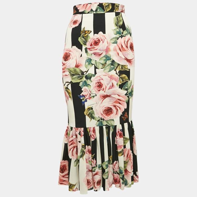 Pre Owned Dolce & Gabbana Pink/Black Rose Print Silk Flared Midi Skirt XS