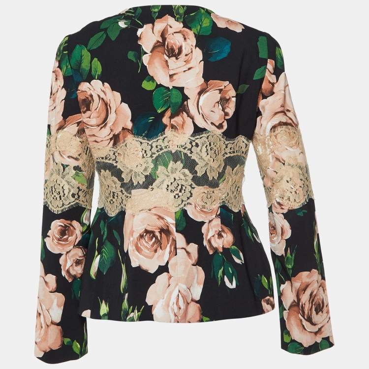 Pre Owned Dolce & Gabbana Black Floral Print Crepe & Lace Trim Jacket M