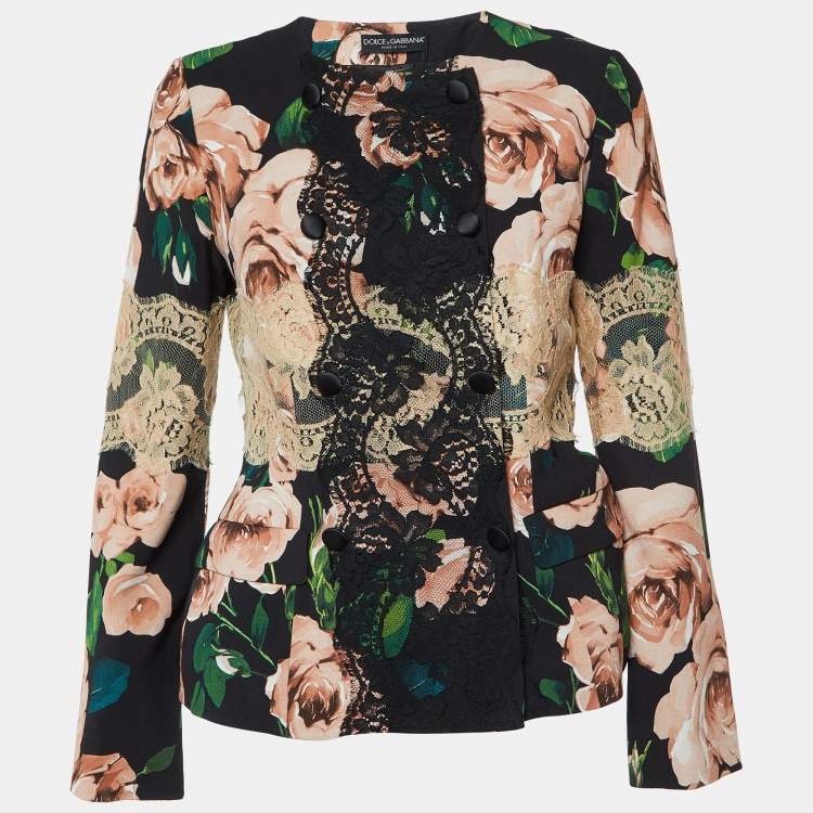 Pre Owned Dolce & Gabbana Black Floral Print Crepe & Lace Trim Jacket M