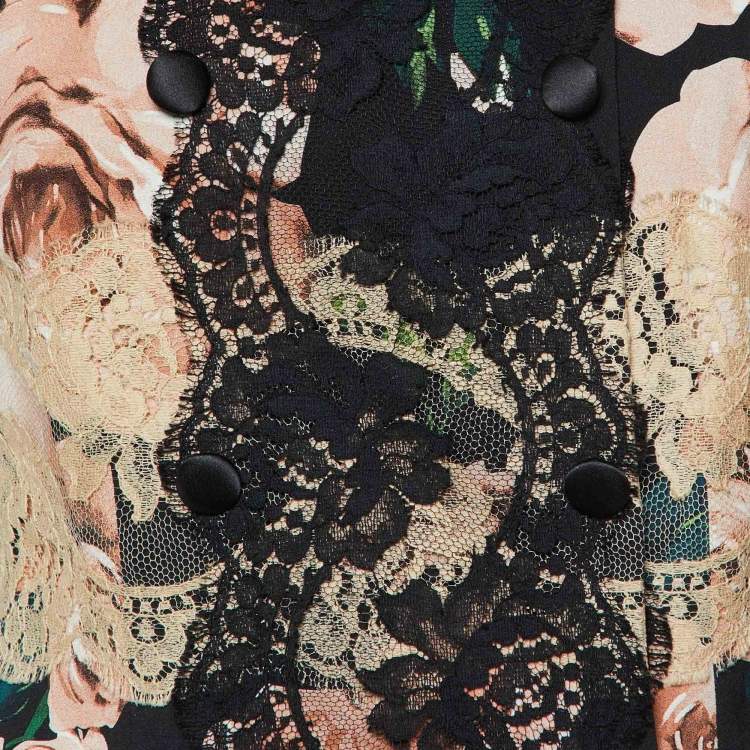 Pre Owned Dolce & Gabbana Black Floral Print Crepe & Lace Trim Jacket M