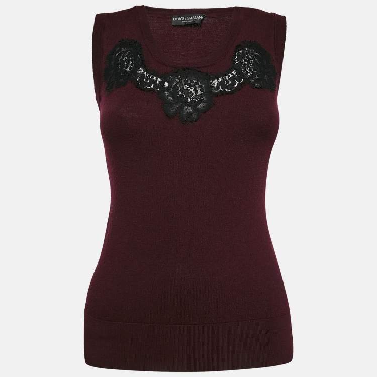 Pre Owned Dolce & Gabbana Burgundy Wool Lace Detail Sleeveless Top M