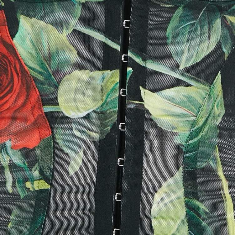 Pre Owned Dolce & Gabbana Black Rose Print Stretch Mesh Sheer Bodycon Dress XS