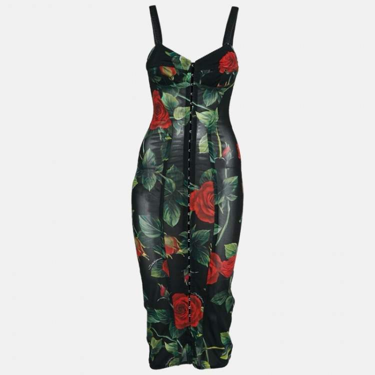 Pre Owned Dolce & Gabbana Black Rose Print Stretch Mesh Sheer Bodycon Dress XS