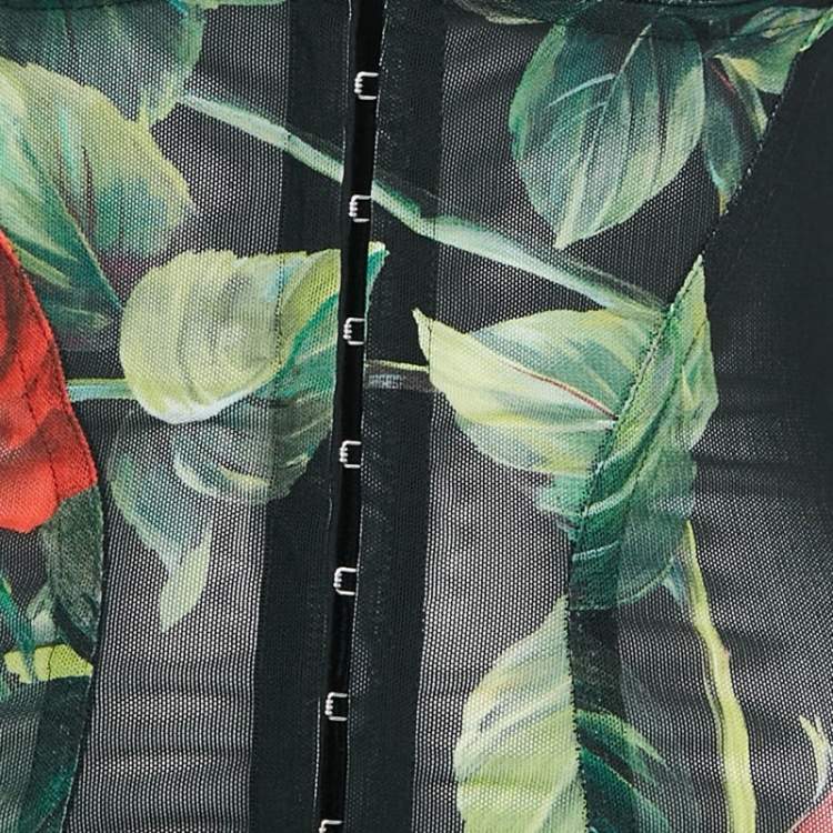 Pre Owned Dolce & Gabbana Black Rose Print Stretch Mesh Sheer Bodycon Dress XS