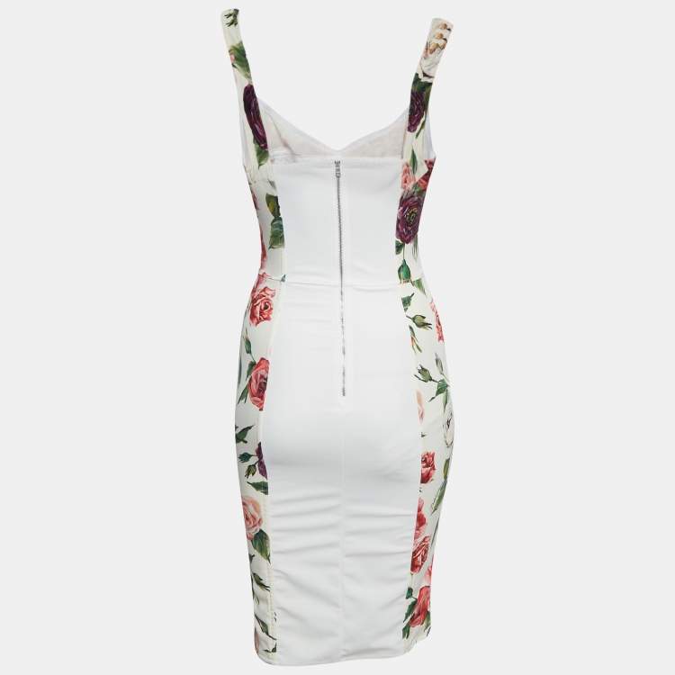 Pre Owned Dolce & Gabbana White Floral Print Silk Blend Sheath Dress S