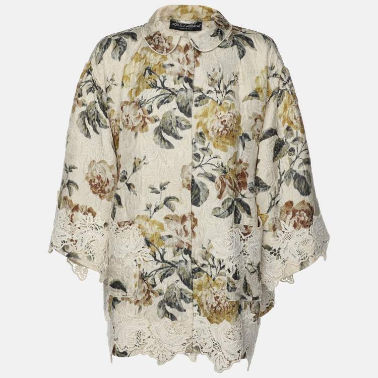 Pre Owned Dolce & Gabbana Light Cream Floral Printed Silk Jacquard Button Front Jacket S