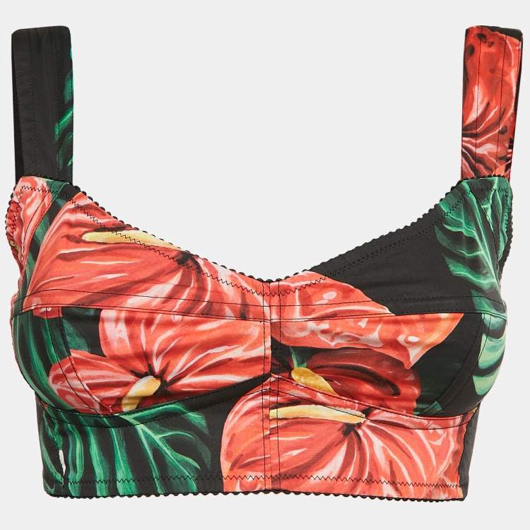 Pre Owned Dolce & Gabbana Black Anthurium Print Cotton Jersey Crop Top S