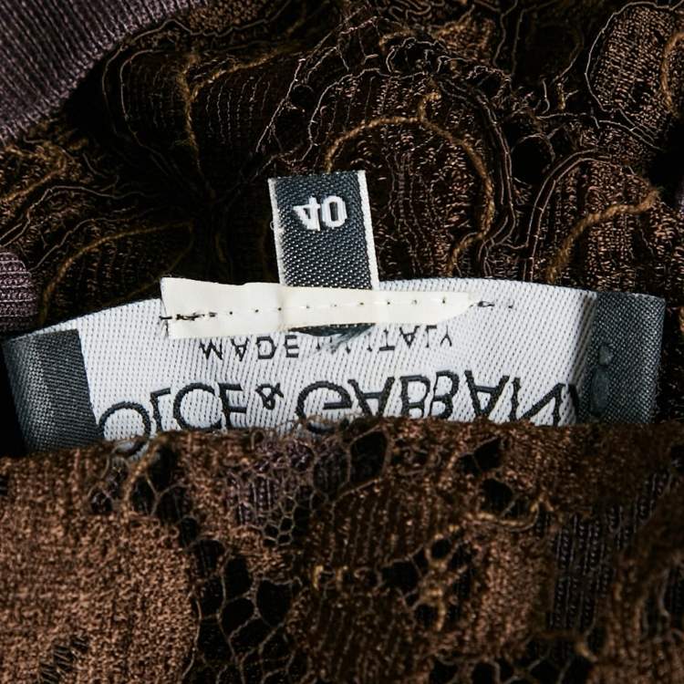 Pre Owned Dolce & Gabbana Brown Jersey and Lace V-Neck Top S