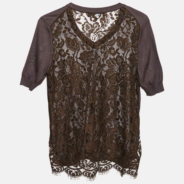 Pre Owned Dolce & Gabbana Brown Jersey and Lace V-Neck Top S