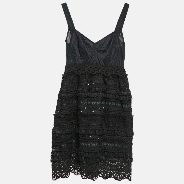 Pre Owned Dolce & Gabbana Black Jersey and Crepe Ruffled Mini Dress S