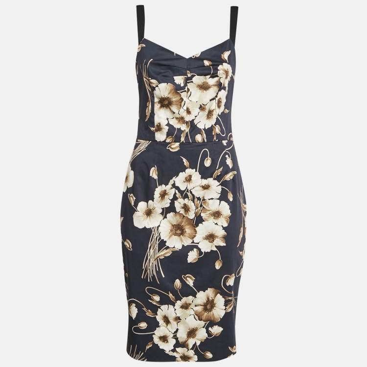 Pre Owned Dolce & Gabbana Navy Blue Floral Print Cotton Midi Dress M