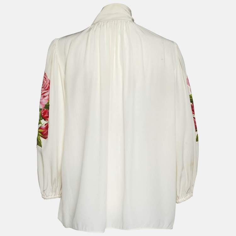 Pre Owned Dolce & Gabbana Cream Floral Appliqued Silk Blouse L