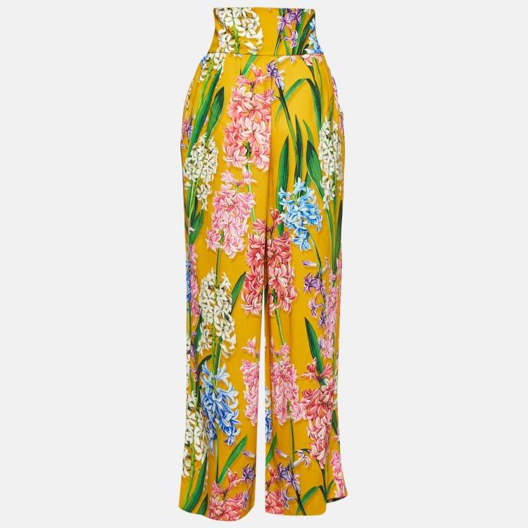 Pre Owned Dolce & Gabbana Yellow Floral Print Crepe Wide Leg Pants M