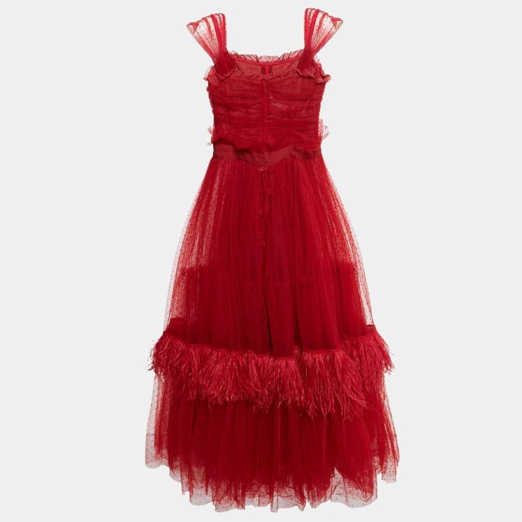 Pre Owned Dolce & Gabbana Red Dotted Tulle Feather Detail Midi Dress S