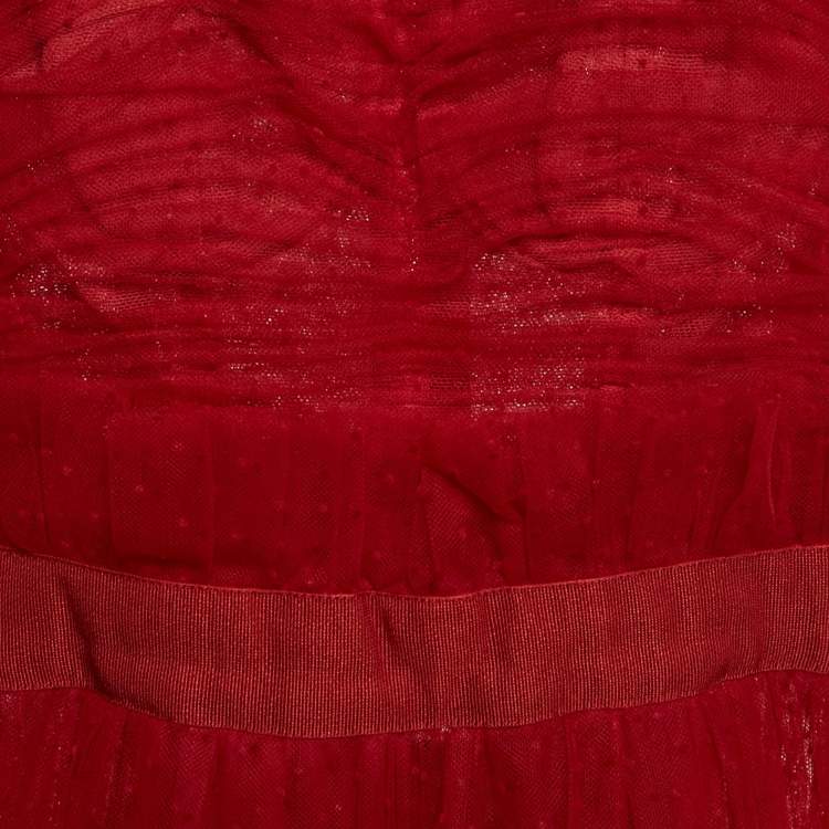 Pre Owned Dolce & Gabbana Red Dotted Tulle Feather Detail Midi Dress S