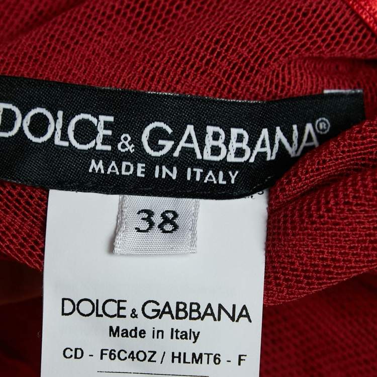 Pre Owned Dolce & Gabbana Red Dotted Tulle Feather Detail Midi Dress S