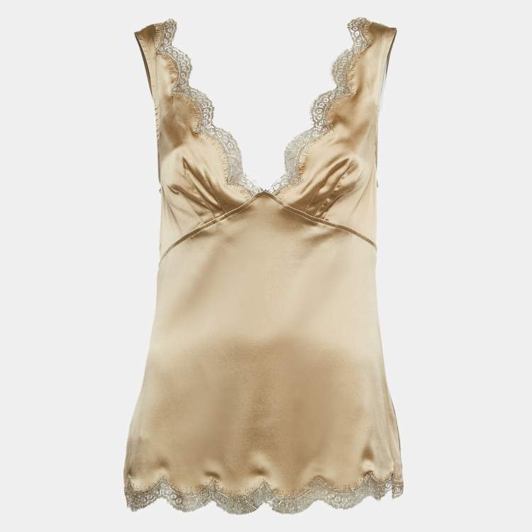 مملوكة مسبقًا Dolce & Gabbana Beige Lace Trim Satin V-Neck Top M