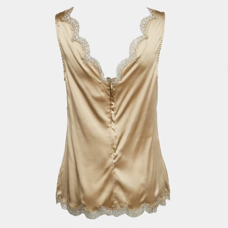 مملوكة مسبقًا Dolce & Gabbana Beige Lace Trim Satin V-Neck Top M