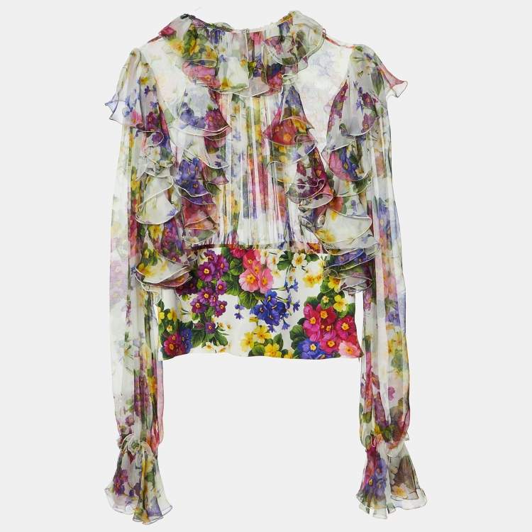 Pre Owned Dolce & Gabbana White Floral Print Silk Chiffon Ruffled Top M