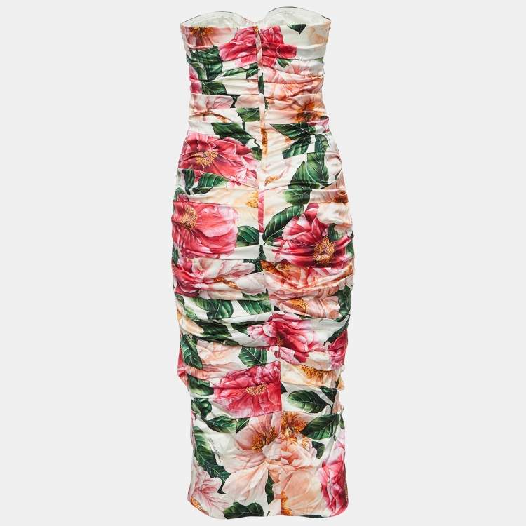 Pre Owned Dolce & Gabbana Pink Floral Print Silk Ruched Strapless Dress M