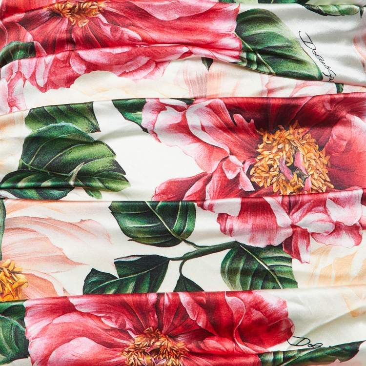 Pre Owned Dolce & Gabbana Pink Floral Print Silk Ruched Strapless Dress M