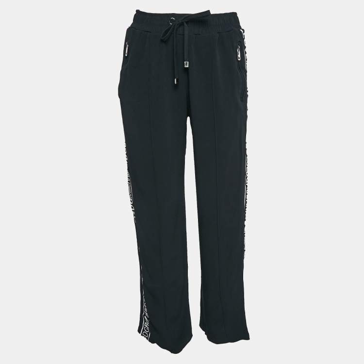 Pre Owned Dolce & Gabbana Black Crepe Logo Tape Trimmed Pants S