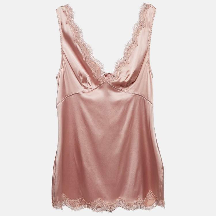 مملوكة مسبقًا Dolce & Gabbana Pink Lace Trim Stretch Satin Camisole Top M