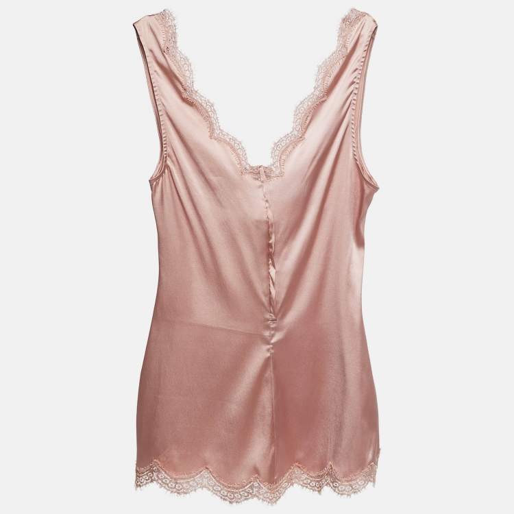 مملوكة مسبقًا Dolce & Gabbana Pink Lace Trim Stretch Satin Camisole Top M