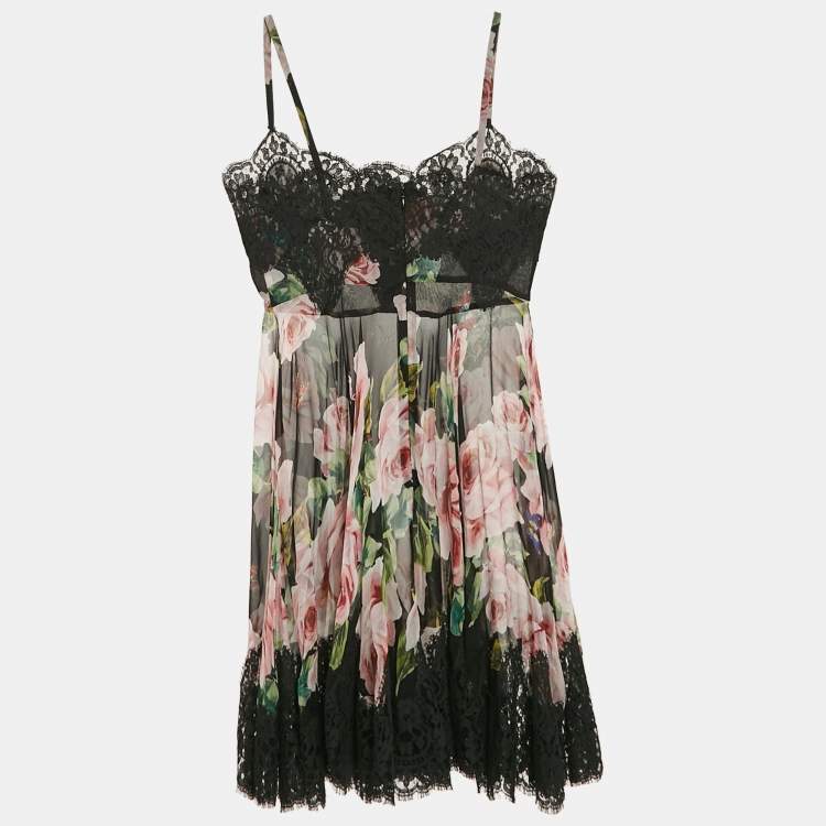 Pre Owned Dolce & Gabbana Black Floral Print Silk Lace Trim Sheer Intimate Dress XS