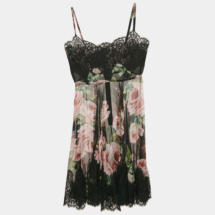 Pre Owned Dolce & Gabbana Black Floral Print Silk Lace Trim Sheer Intimate Dress XS