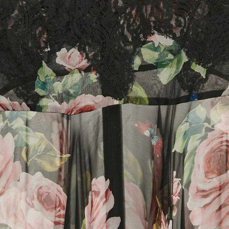 Pre Owned Dolce & Gabbana Black Floral Print Silk Lace Trim Sheer Intimate Dress XS