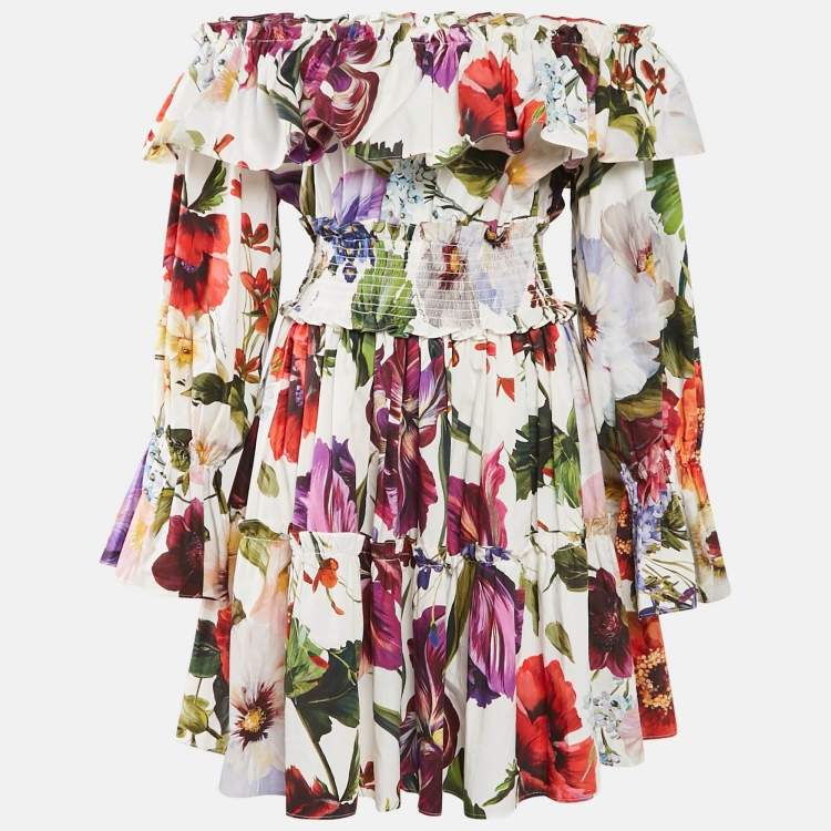 Pre Owned Dolce & Gabbana White Floral Print Cotton Off-Shoulder Mini Dress L