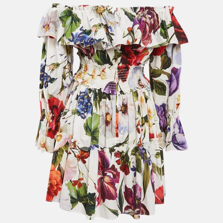 Pre Owned Dolce & Gabbana White Floral Print Cotton Off-Shoulder Mini Dress L