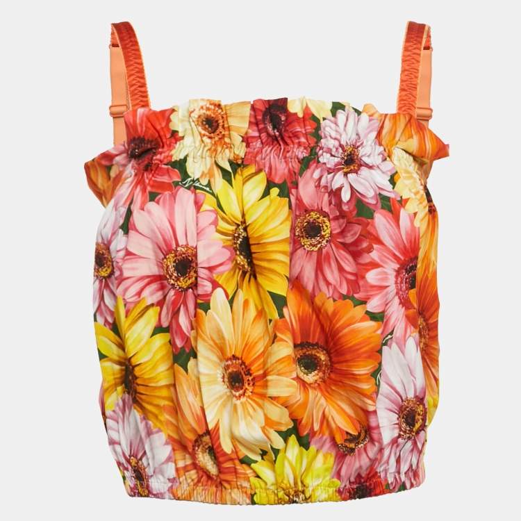 Pre Owned Dolce & Gabbana Orange Floral Print Poplin Gathered Crop Top L