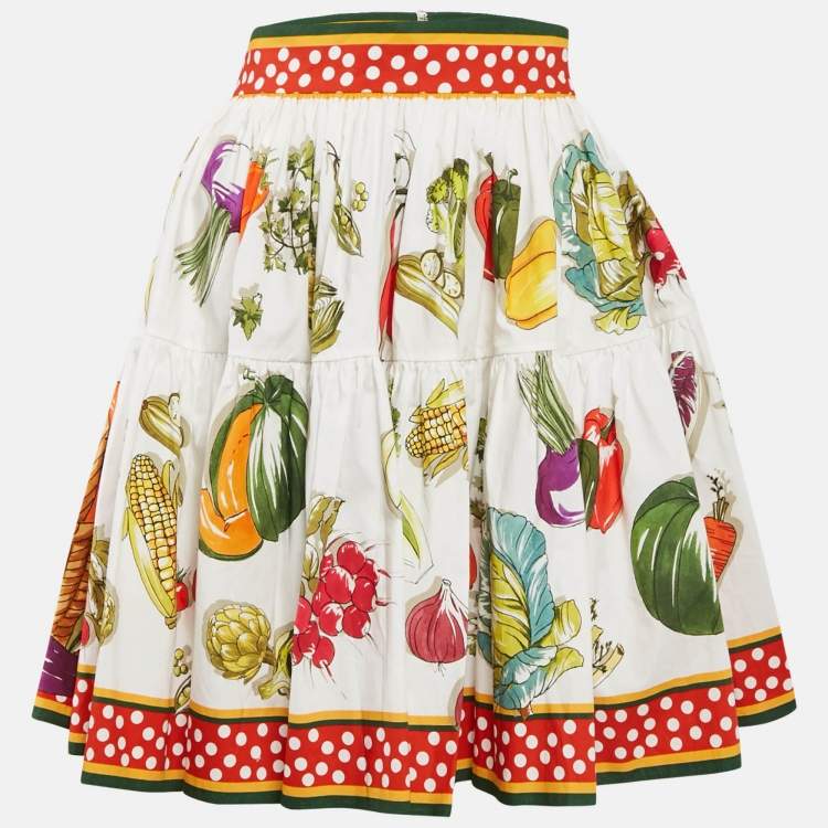 Pre Owned Dolce & Gabbana White Vegetable Print Tiered Mini Skirt L