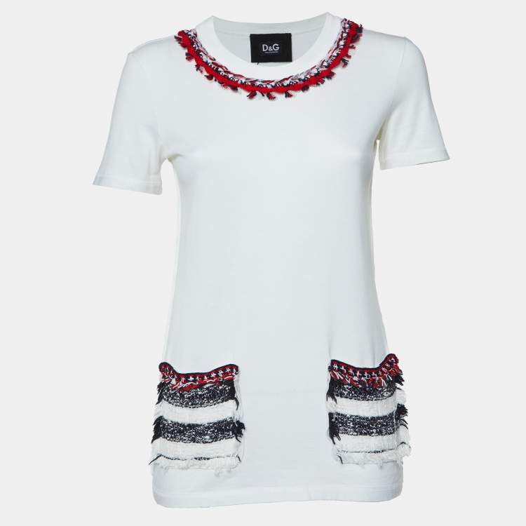 Pre Owned Dolce & Gabbana White Cotton Tweed Trimmed T-Shirt S