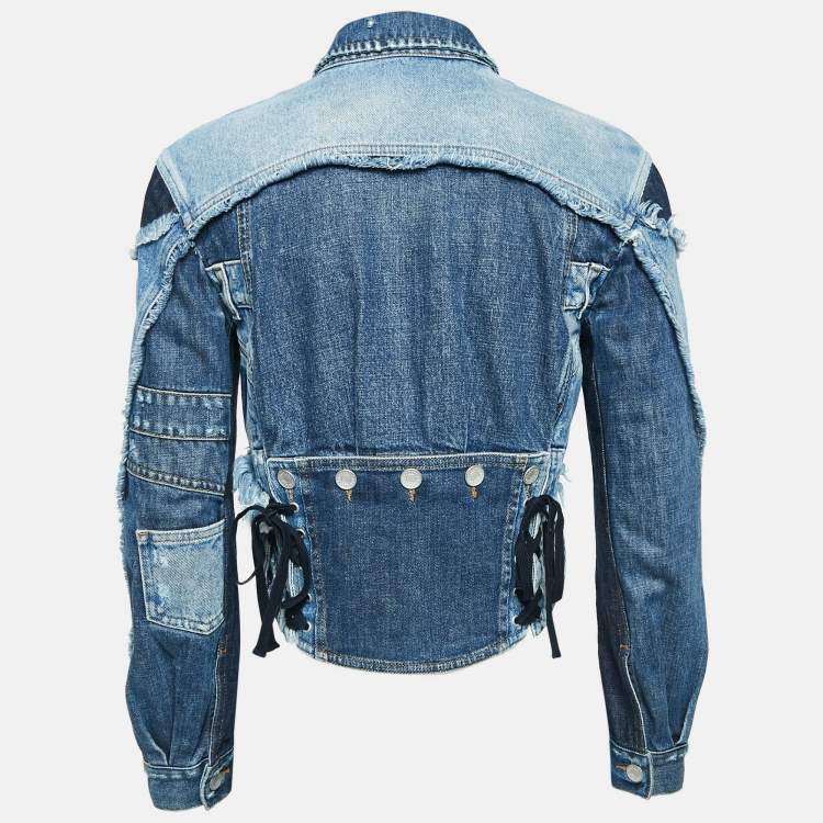 Pre Owned Dolce & Gabbana Blue Patched Denim Lace-Up Crop Jacket XS